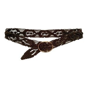 Vtg Hippie Macrame Belt Adjustable Brown Leather Brass Buckle Boho